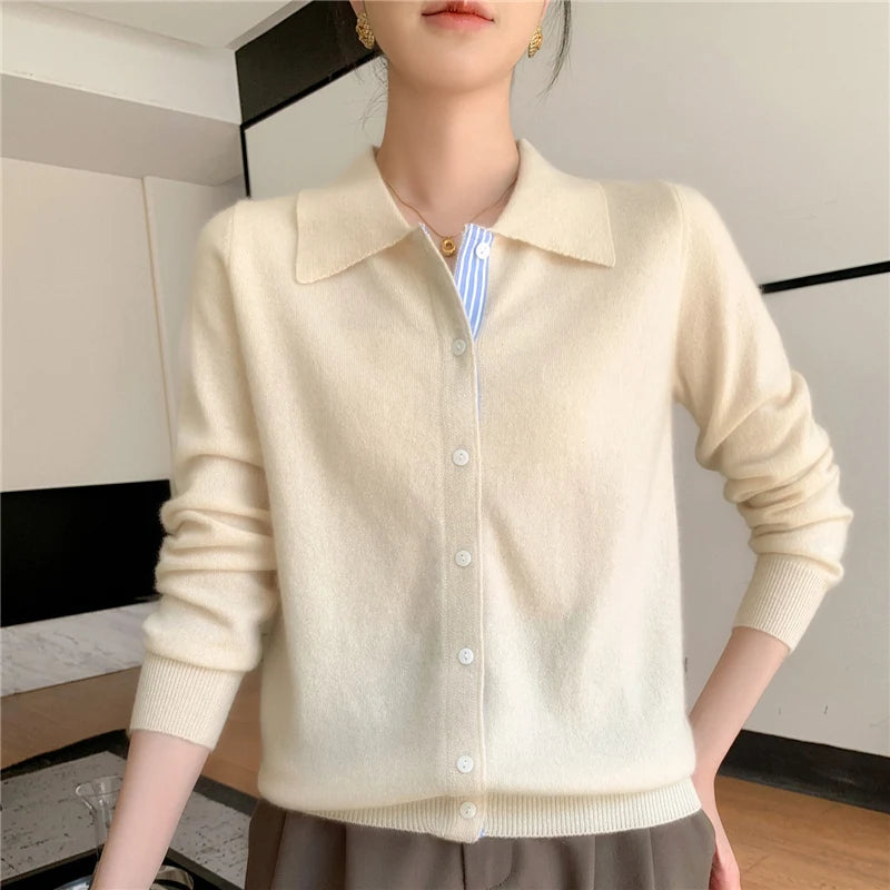 Women's Polo Collar Shirt Cardigan Merino Wool Sweater Long-sleeve Color Bar Clothing Spring Autumn Warm Knitwear Female Top