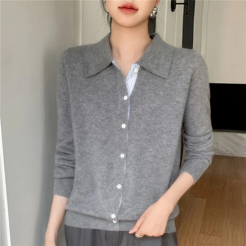 Women's Polo Collar Shirt Cardigan Merino Wool Sweater Long-sleeve Color Bar Clothing Spring Autumn Warm Knitwear Female Top
